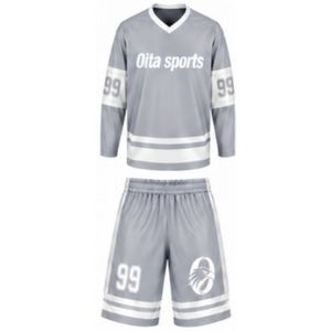 Conjunto de Hockey sobre Hielo Sublimado Gris Claro para Hombre, Jersey y Pantalones Cortos de Poliéster a Rayas, Uniforme Deportivo para Entrenamiento y Partidos - Product Image 1