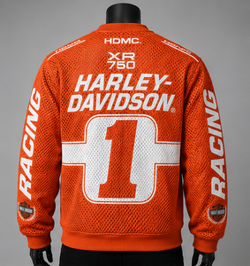 เสื้อสเวตเชิ้ตผู้ชาย H-D สีส้ม ผ้าตาข่ายพิมพ์ลายซับลิเมชั่น พร้อมลายหมายเลข 1 ดีไซน์สำหรับนักแข่ง ระบายอากาศได้ดี ผลิตจากโพลีเอสเตอร์ สไตล์สปอร์ต คอกลม - Product Image 2