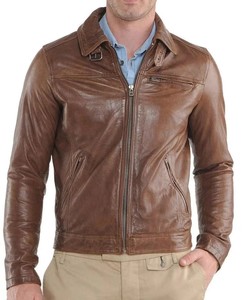 Chaqueta de Motociclista para Hombre en PU Marrón, Cuello Camisero, Cierre de Cremallera, Estilo Casual para Invierno, Diseño Sólido Teñido, Logotipo Frontal - Product Image 6