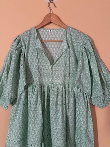 Women's Boho <b>Mint</b> Floral Handprint Cotton Midi <b>Dress</b> With Tie-Neck And Short Puff Sleeve Casual Summer <b>Dress</b> - Product Image 2