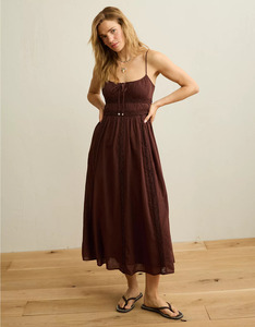 Robe midi décontractée sans manches pour femme, couleur marron cacao, coupe trapèze élégante, en coton respirant, légère pour l'été - Product Image 2