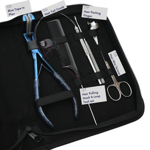 Kit de herramientas de alta calidad para extensiones de cabello plateadas con pinza azul para cinta adhesiva, removedor de cuentas, crimpadora de 2 orificios y herramienta de gancho para extraer bucles. - Product Image 4
