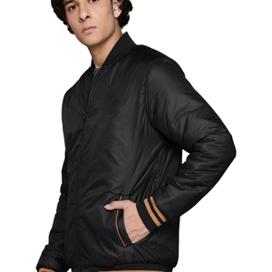 Men's <b>Black</b> Bomber <b>Jacket</b> Zipper Closure Turn-down Collar Casual Outerwear Polyester Wadding Autumn Wear - Product Image 2