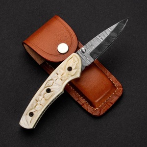 Handmade Multi-Functional Damascus Steel Drop Point Folding <b>Knife</b> 7.5 <b>Bone</b> <b>Handle</b> Leather Sheath 0.45mm Thick - Product Image 3