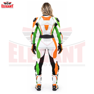 Combinaison de moto en cuir une pièce pour femme, nouvelle tendance, color block orange, vert et blanc, avec protections coulissantes, marque privée - Product Image 5