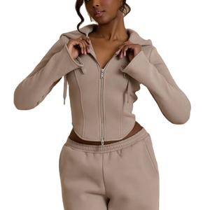 Sudadera con capucha de algodón con hombros caídos y cremallera completa para mujer, sudadera de entrenamiento activo de lana suave y cómoda OEM, Sudadera con capucha para mujer - Product Image 4