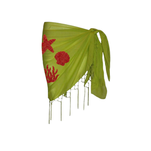 Mini-sarongs verts de haute qualité avec broderie de strass rouges, étoiles de mer, coquillages et coraux, à franges, asymétriques, pour la plage, maillot de bain femme 1 - Product Image 3