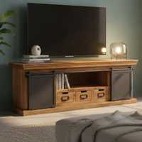 Meuble TV industriel en bois de manguier avec porte, console multimédia pour hôtel et salle à manger