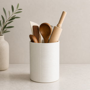 Portautensilios de Cerámica Acanalado, Diseño Cilíndrico Alto, Acabado Mate, Resistente, Organizador de Almacenamiento para Encimera de Cocina - Product Image 1
