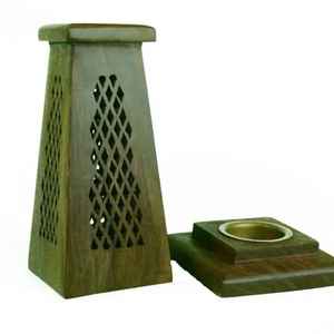 Quemador de incienso tradicional de mármol y madera, con diseño de torre piramidal hueca tallada, para bakhoor, oud, carbón y olíbano - Product Image 1