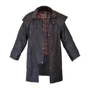 Manteau long imperméable en cuir huilé noir/marron pour homme, 100% coton, rembourré de duvet de canard gris, pour l'équitation - Product Image 6