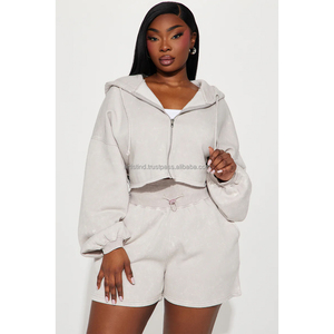Conjunto de 2 Piezas para Mujer, Sudadera Corta con Capucha y Pantalones Cortos, Ropa Deportiva Informal de Felpa, Primavera Verano, Color Sólido, Cierre Frontal con Cremallera, Corte Regular - Product Image 6