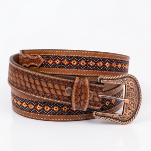 Ceinture en cuir occidentale avec incrustation de perles et boucle de cowboy gravée, pour hommes et femmes, vente en gros, fournisseur personnalisé, accessoire de mode - Product Image 6