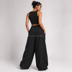 <b>Women's</b> Wide Leg Knitted Sweatpants Mid Waist Drawstring Solid <b>Black</b> Casual Full Length <b>Pants</b> Breathable 100% Cotton Flat - Product Image 2