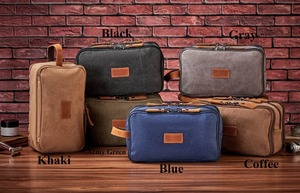Custom Logo Double Zipper Canvas Leather Toiletry Bag Vintage Travel Wash Pouch Wholesale Shaving Dopp Kit <b>Case</b> LCTB-0019 - Product Image 2