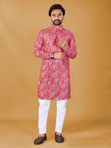 Elegant Ethnic Kurta Pajama Set for Men with Schifli Embroidery and Contemporary Printed Pattern - Product Image 1