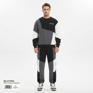 <b>Men</b> Color Block Crewneck Sweatshirt <b>Jogger</b> Pants Set Black Gray <b>White</b> Casual Streetwear Matching Clothes Custom Logo - Product Image 1