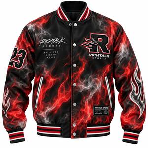 Veste varsity pour homme à imprimé flamme, en PU, col rabattu, fermeture à boutons, streetwear, vêtements d'automne - Product Image 1