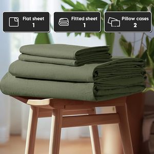 Parure de draps 4 pièces 100 % lin tissé moderne, couleur vert olive, 100 fils/cm², motif uni, écologique, toutes saisons - Product Image 2