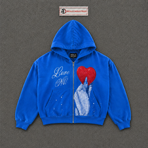 เสื้อฮู้ดซิปผู้ชายสีน้ำเงินคุณภาพสูง พิมพ์ลายหัวใจ ทรงโอเวอร์ไซส์ สตรีทแวร์ ผ้าฝ้ายเฟรนช์เทอร์รี่ ทรงปกติ ใส่ได้ในฤดูใบไม้ร่วง - Product Image 5