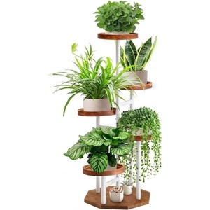 Support à plantes moderne à 6 niveaux en métal et bois, robuste, multi-étages, pour pots de fleurs, étagère de présentation pour plantes d'intérieur et balcon - Product Image 1