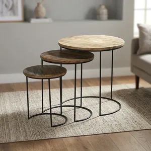 Ensemble de 3 tables gigognes modernes en fer et bois peint, plateau rond en bois naturel, structure en métal noir, meubles de salon - Product Image 6