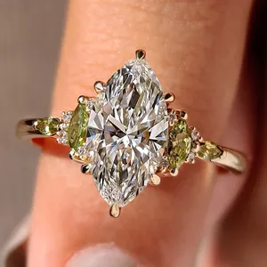 Arin Luxury Co Marquise Cut Diamond Silver Rhodium Plated Bypass <b>Ring</b> | <b>Unique</b> Open Curved Pave Halo <b>Engagement</b> Band | Certified - Product Image 1