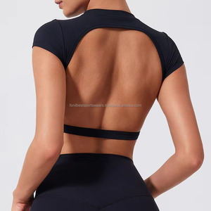 Crew Neck Crop Top Short Sleeve Solid <b>Colour</b> Spandex Polyester Yoga Wear for Women Breathable Four-Way Stretch - Product Image 2
