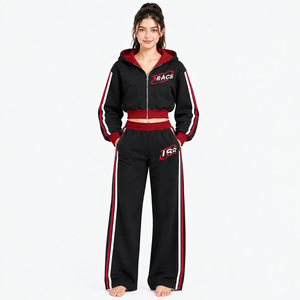 Women's 2 Piece Tracksuit Set <b>Cropped</b> Zip Hoodie Wide Leg Sweatpants Side Stripe Sporty <b>Jogger</b> Set Black Red - Product Image 1