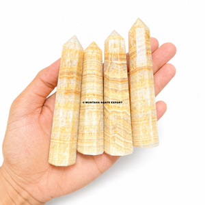 Tour de cristal de quartz calcite citronnée naturelle, rare, de guérison, gravée, à 8 facettes, polie, pour décoration Feng Shui, Gujarat - Product Image 1