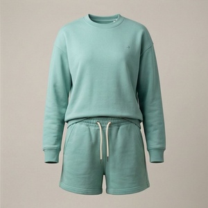 Conjunto de 2 Piezas para Mujer, Sudadera de Felpa y Pantalones Cortos, Cuello Redondo, Corte Holgado, Color Sólido, Por Encima de la Rodilla, Ropa Casual de Primavera/Verano - Product Image 1