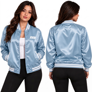 Chaqueta Varsity de Punto Satinado Azul Bebé Personalizada para Mujer, Cierre de un Solo Botón, Exterior Impermeable de Poliéster para Invierno, Ribete Blanco - Product Image 1
