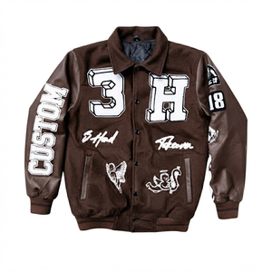 Chaqueta Universitaria Personalizada de Lana Marrón con Mangas de Cuero, Unisex, Estilo Vintage, Parches Bordados, Chaqueta de Béisbol para Invierno - Product Image 1