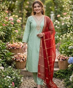 Low Price Trending Slub Cotton Embroidery Work <b>Top</b> Bottom Set Dupatta For Women Ethnic Wear <b>Wedding</b> Party Outfit 85160 SI-348 - Product Image 1