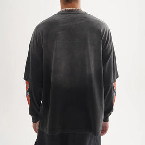 Wholesale Mens Acid Wash Double Layer T Shirt Custom Graphic Print Oversized Cotton Long Sleeve Streetwear Clothing Manufacturer - Product Image 2