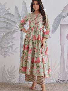 Women Traditional Cotton Floral Print Ankle-Length <b>Kurta</b> Set Embossed Neck Matching Pants Spring Party Wear Quick Dry Wrinkle - Product Image 3