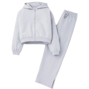 Ensemble de survêtement gris clair à capuche pour femme, manches longues, couleur unie, décontracté, respirant, pantalon en coton avec poches latérales et fermeture éclair - Product Image 1