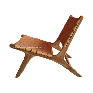 ¡Venta súper caliente! Sillón moderno tejido de cuero genuino marrón, madera maciza de teca, comedor, relajación, ocio, Hotel, sala de estar - Product Image 4