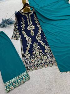 Ensemble Salwar Kameez en soie magnifique IndoWeaves avec dupatta, broderie et sequins, entièrement cousu, prêt-à-porter pour Diwali - Product Image 3