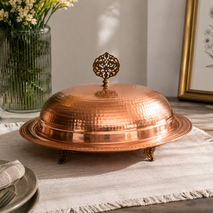 Handmade Pure Copper <b>Food</b> Serving <b>Tray</b> with Dome Lid | Hammered Copper Serving Platter with Cover | Luxury Buffet <b>Food</b> <b>Warmer</b> - Product Image 3