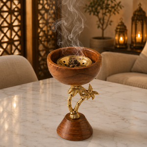 Brûleur à Bakhoor en bois et métal fait main, encensoir arabe Oud Mabkhara, finition dorée, décoration de table, vente en gros, fabricant - Product Image 1