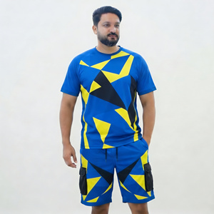 Ensemble T-shirt et short pour homme, imprimé géométrique bleu et jaune, séchage rapide, tenue de sport estivale, tricot en polyester - Product Image 1
