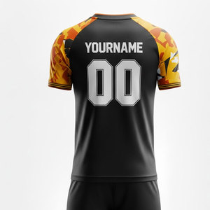 Ensemble de maillots de football géométriques jaunes et orange personnalisés, manches courtes, col en V, polyester respirant, pour hommes adultes, nom de l'équipe imprimé - Product Image 5