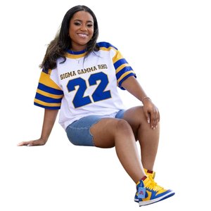 T-shirt de hockey Sigma Gamma Rho pour femme, maillot 22, bleu et or, style décontracté et sportif, surdimensionné, pour sororité grecque - Product Image 6