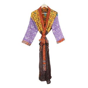 ชุดคลุมกิโมโนผ้าไหมแท้ 100% คุณภาพสูง คอวี ยาวเต็มตัว ตกแต่งผ้าแบบแพทช์เวิร์ค พร้อมเชือกผูกสำหรับฤดูใบไม้ผลิ/ฤดูร้อน ชุดลำลองสุดหรู - Product Image 1