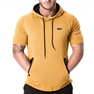 High Quality Men's Training Hoodie Side Zippered Pocket Raglan Shoulder Seamless Fabric Breathable Short Sleeve Hoodie Low Price - Product Image 1