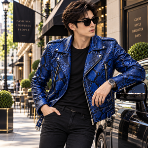 Mens Royal Blue <b>Snakeskin</b> Embossed Genuine Leather Biker <b>Jacket</b> | Luxury Winter Motorcycle <b>Jacket</b> | Breathable Fashion <b>Jacket</b> - Product Image 5