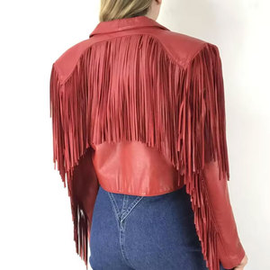 Econex Sports Red PU <b>Leather</b> Fringed Embroidered Varsity <b>Blazer</b> Women's Short Turn-down Collar Full Sleeve Breathable Casual - Product Image 3
