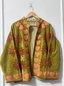 Boho Chic Retro Royal-inspired Free Size Winter Full Sleeve <b>Robe</b> Hand Embroidered Blue Floral Velvet Suzani Mandarin Collar <b>Coat</b> - Product Image 4