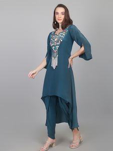 Elegant Party Wear Peacock shade Dhoti Kurta Set with <b>Thread</b> and <b>beads</b> work Designer Edition Casual Wear - Product Image 3